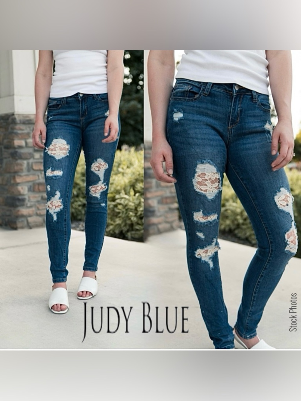 Judy Blue Jeans Distressed Lace Patch Skinny Mid Rise Denim Stretch JB8463 (24W) - Picture 14 of 17